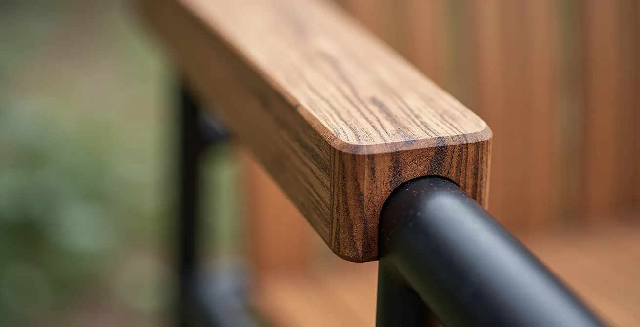 Image macro montrant les détails de finition artisanale sur un meuble de jardin design, avec textures bois et métal