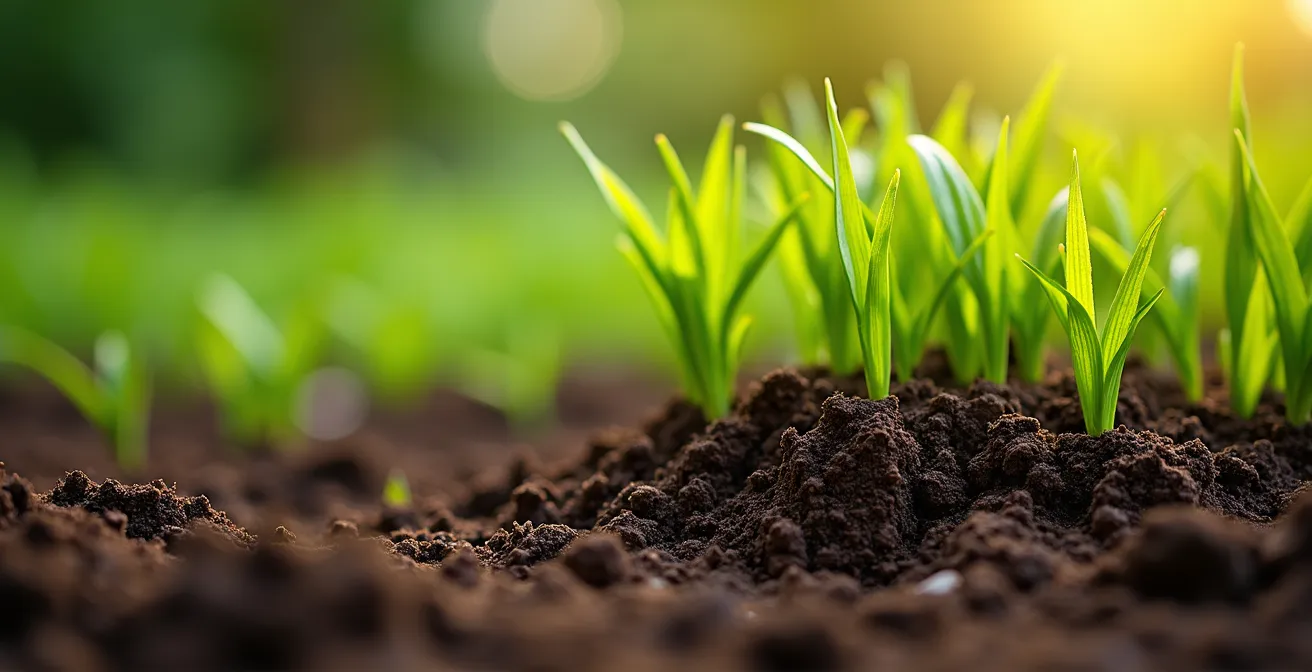 Vue détaillée de la texture d'une pelouse avec obstacles naturels pour diagnostic de compatibilité