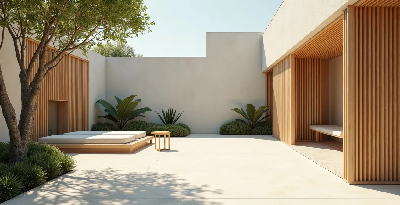 Photographie d’un jardin luxueux et minimaliste, ambiance épurée, mettant en valeur des matériaux naturels doux et des espaces harmonieux