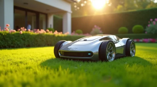 Jardin verdoyant bien entretenu avec un robot tondeuse autonome en action