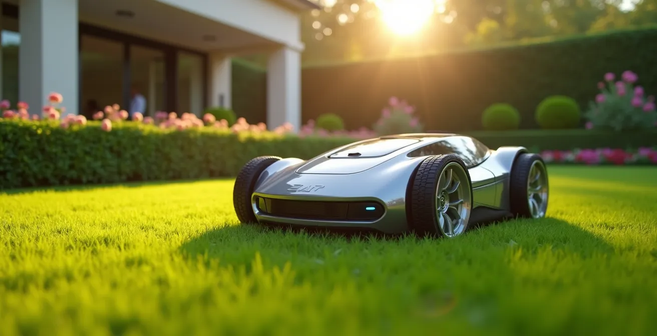 Jardin verdoyant bien entretenu avec un robot tondeuse autonome en action