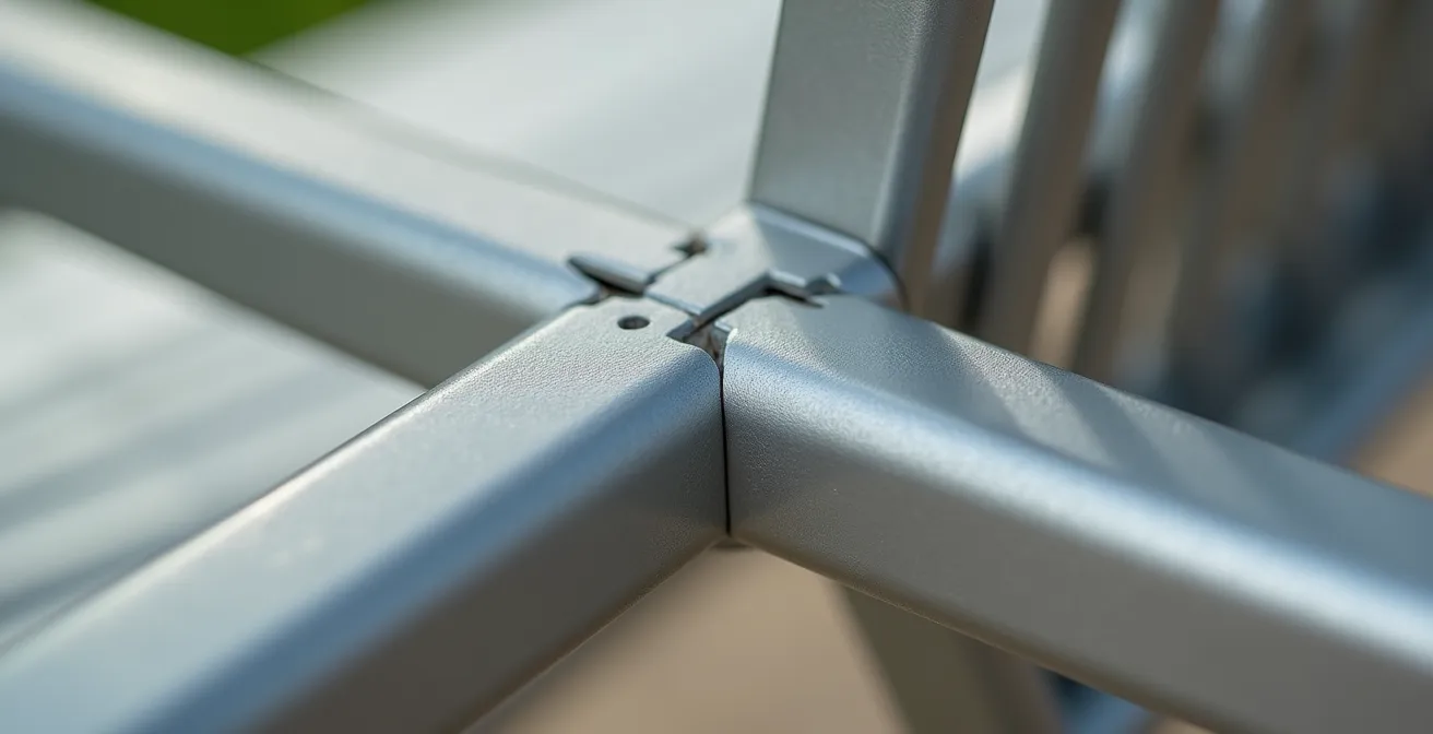 Gros plan macro d’une soudure en aluminium polie avec finition soignée et patins de meuble impeccable