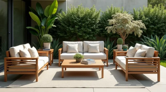 Photo réaliste d'un salon de jardin haut de gamme en teck et aluminium, avec coussins élégants dans un jardin moderne, lumière douce et bokeh naturel