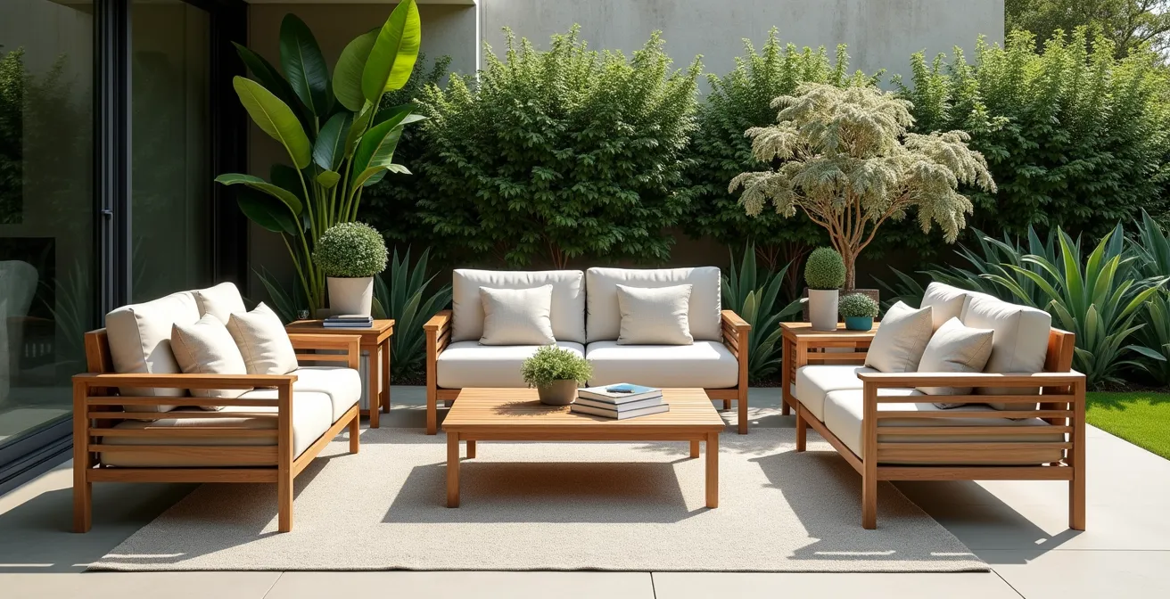 Photo réaliste d'un salon de jardin haut de gamme en teck et aluminium, avec coussins élégants dans un jardin moderne, lumière douce et bokeh naturel