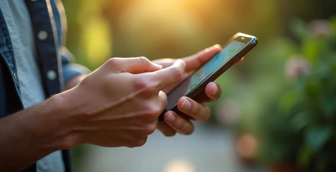 Mains tenant un smartphone affichant l'interface de contrôle d'un robot tondeuse connecté