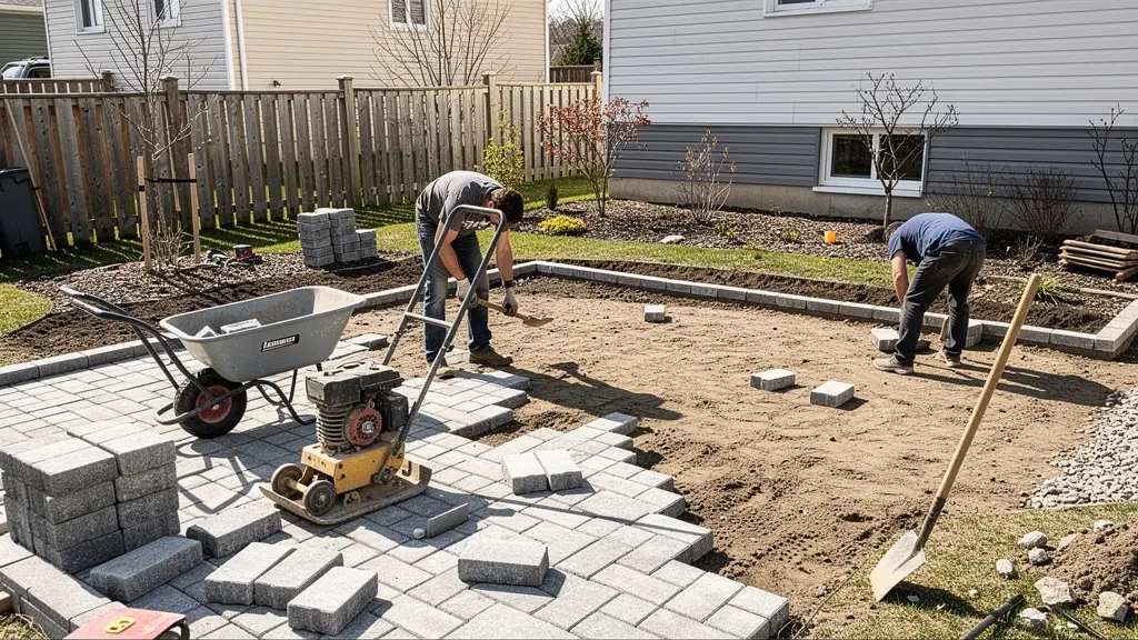 Chantier d'aménagement paysager en cours avec équipe au travail dans une cour québécoise