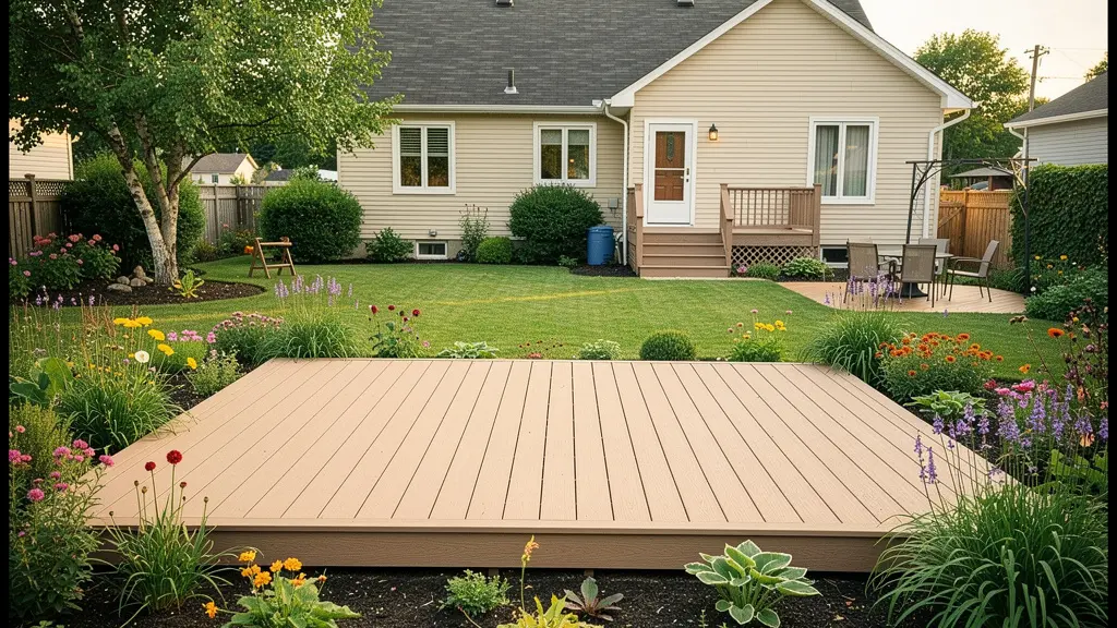 Cour arrière résidentielle québécoise aménagée par un paysagiste professionnel avec terrasse bois et végétation