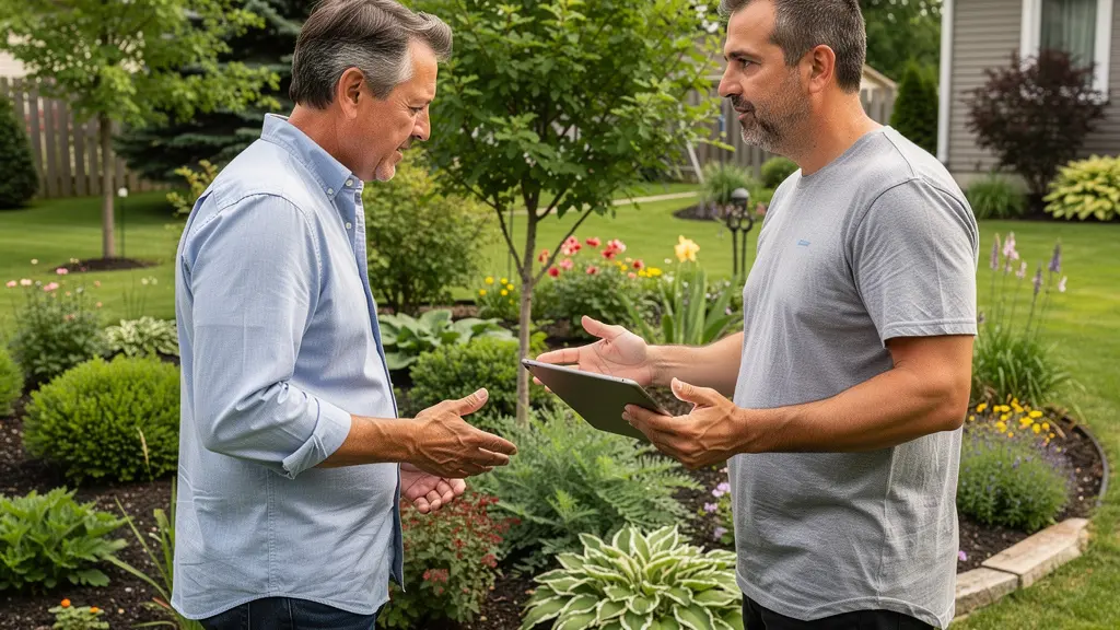 Paysagiste professionnel discutant avec propriétaires dans un jardin résidentiel québécois