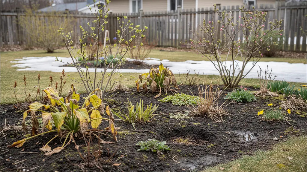 Plate-bande avec végétaux inadaptés qui n'ont pas survécu à l'hiver québécois