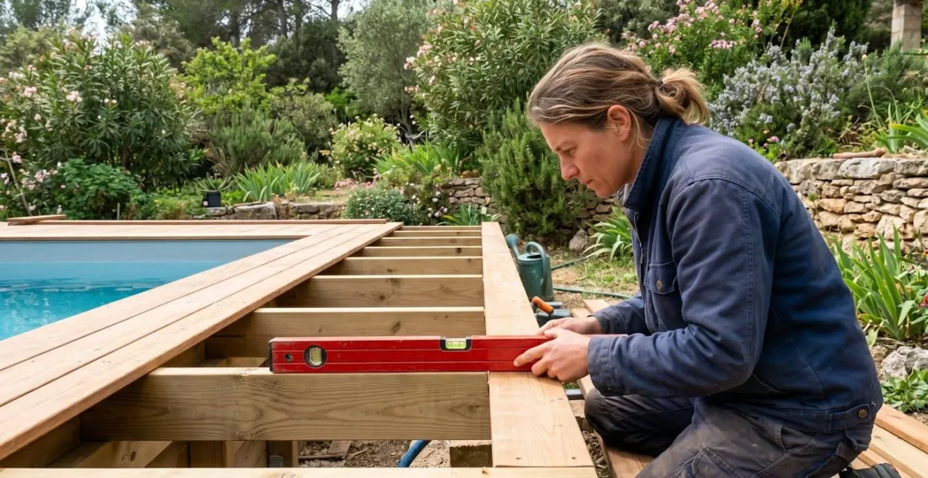 Une personne vérifie l'horizontalité d'une structure de piscine en bois avec un niveau à bulle, vue de profil dans un jardin contemporain
